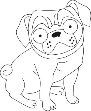 İzole edilmiş karakter köpek pug lineer vektör siyah çizim çizimi beyaz arkaplan karalama