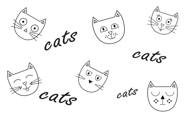 Wzór Znaków Twarzy Kotów Różnych Emocji Doodle Zestaw Wektor Ilustracji — Wektor stockowy