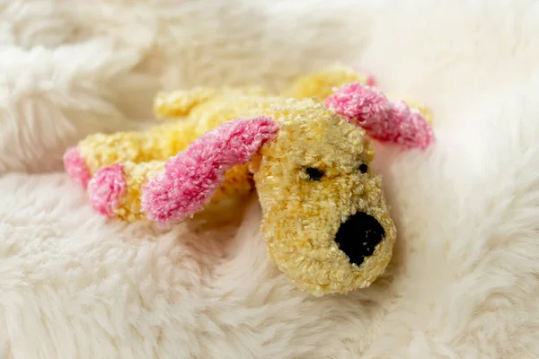 Cute yellow plush puppy toy with pink ears lies on a white rug
