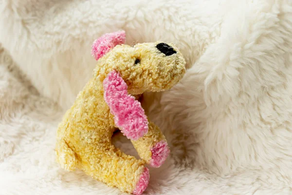 Bonito Brinquedo Pelúcia Amarelo Com Orelhas Rosa Sentar Tapete Branco — Fotografia de Stock