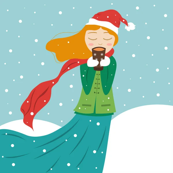 Девушка Зимой Держит Чашку Кофе Зимним Фоном Снег Векторная Иллюстрация — стоковый вектор