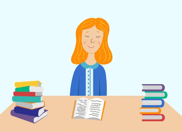 The girl is reading a book. Redhead girl sits at a table with closed eyes, books lie on the table. — Stock Illustration Girl Reading Book Redhead Girl Sits Table Closed Eyes Books Stock Vector