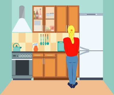 Genç bir kadın mutfakta bulaşık yıkıyor. Arkadan bak. Kırmızı kazaklı kız. Mobilyalarla dolu bir mutfak. Modern düz biçim vektör illüstrasyonu