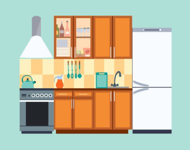 Mobilya ve eşyalar vektör illüstrasyonuyla mutfak içi. Modern düz biçim vektör illüstrasyonu