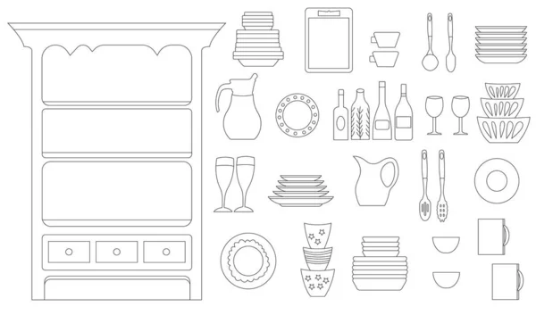 サイドボード 料理のセット 調理用の台所用品の線形イラスト 孤立した物体を輪郭を描く — ストックベクタ