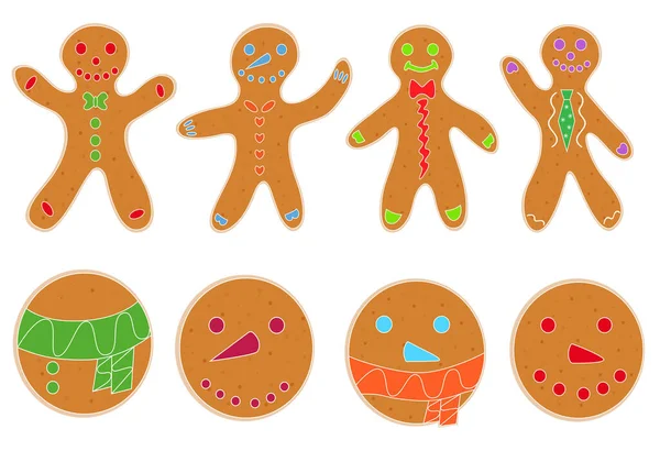 男と円の形をしたクリスマスのジンジャーブレッドクッキーのセット白い背景に孤立したベクトルオブジェクト — ストックベクタ