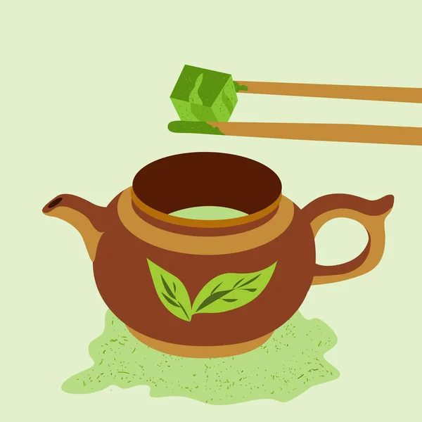 Bule Com Chá Matcha Bambu Varas Segurar Cubo Chá Matcha —  Vetores de Stock