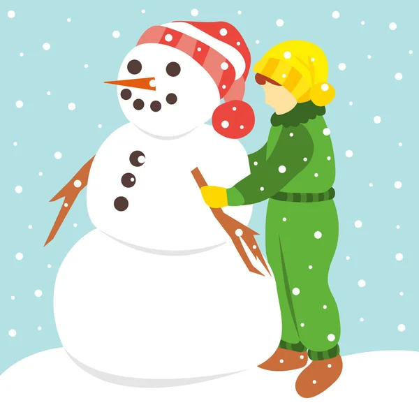 Милая Маленькая Девочка Делает Снеговика Снег Векторная Цветная Иллюстрация Плоском — стоковый вектор