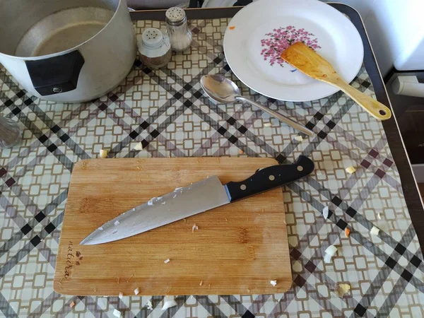 Desordem Mesa Cozinha Após Cozinhar — Fotografia de Stock