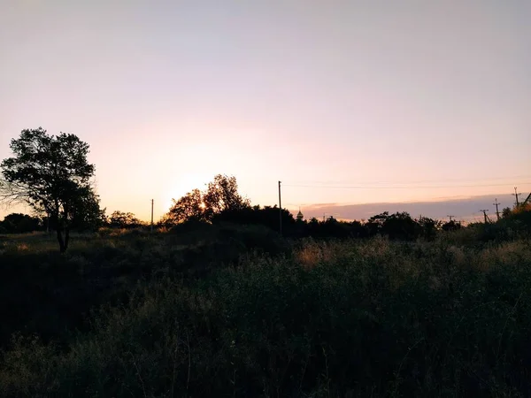 Paysage Rural Avec Église Coucher Soleil Arrière Plan — Photo