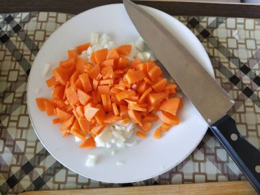Biraz doğranmış sebze, havuç, soğan.