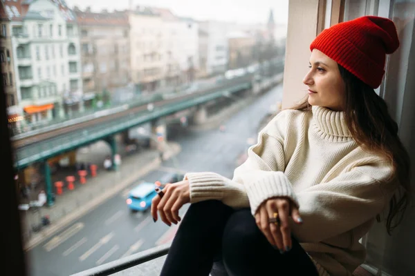 Cute Girl Sitting Windowsill — Stock Photo, Image