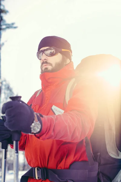 Homem Caminhante Floresta Inverno — Fotografia de Stock