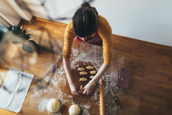 High Angle View Woman Making Rolls Kitchen Table Baking Homemade Stock Picture