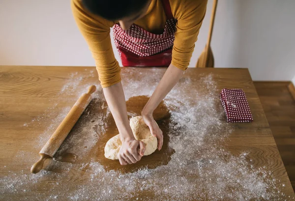 High Angle View Woman Kneading Bread Dough Kitchen Table Baking Royalty Free Stock Photos