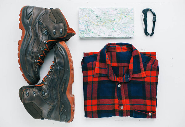Outdoor Traveler Accessories Flat Lay Traveler Equipment Boots Map Plaid Royalty Free Stock Photos