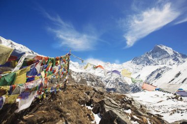 Himalayalar 'ın zirveleri. Annapurna ana kampından Machapuchare tepesi manzarası
