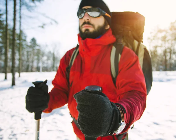 Mann Wandert Winterwald — Stockfoto