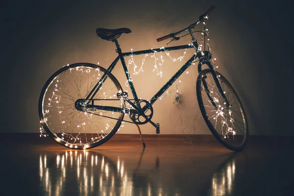 Christmas Bicycle Bike Decorated Christmas Lights — Stock Photo, Image