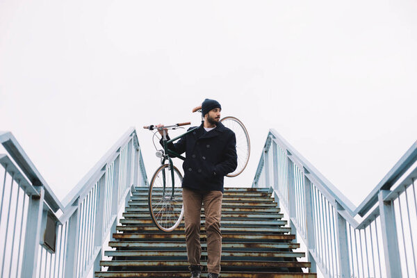 Hipster Man Bicycle Having Fun Bearded Guy Enjoy Cycling Park Stock Photo