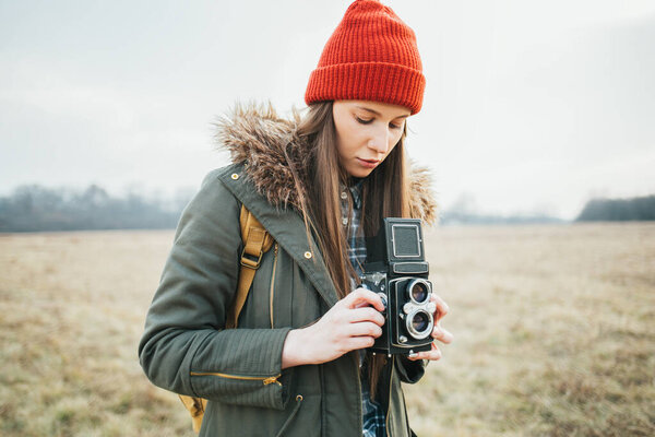 Portrait Hipster Girl Vintage Camera Outdoors Stock Image