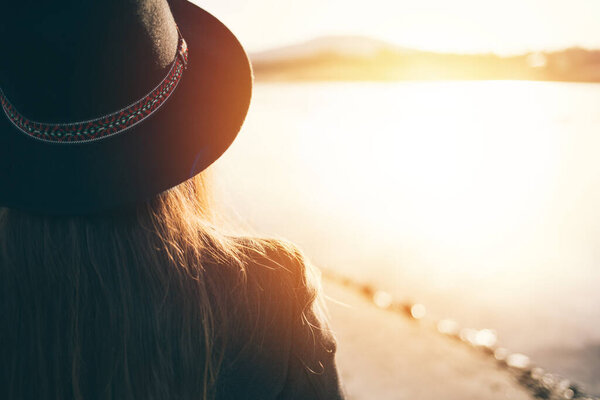 Rear View Hipster Woman Hat Sunset Stock Photo