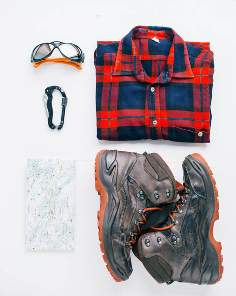 Outdoor Traveler Accessories Flat Lay Traveler Equipment Boots Map Plaid Stock Image