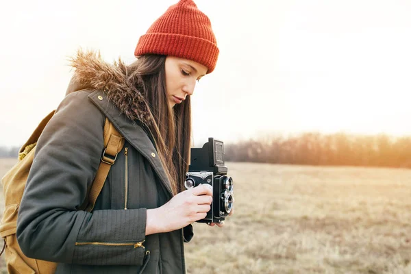 Portrait Hipster Girl Vintage Camera Outdoors Stock Photo