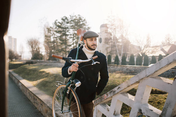 Hipster Man Bicycle Having Fun Bearded Guy Enjoy Cycling Park Stock Photo