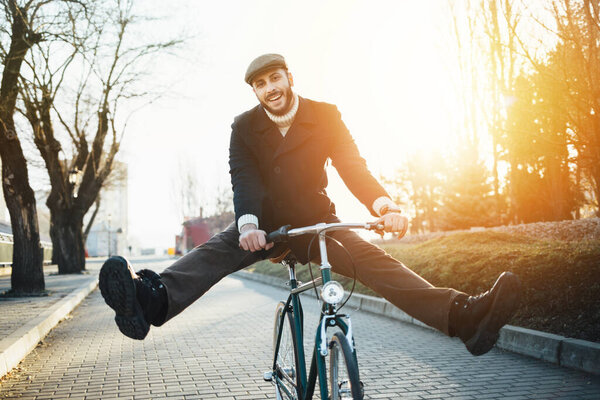 Hipster Man Bicycle Having Fun Bearded Guy Enjoy Cycling Park Stock Picture