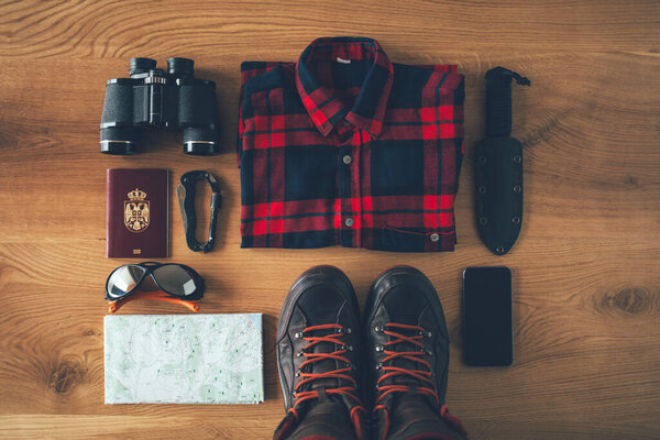 Travel Equipment Outdoor Adventure Flat Lay Outdoor Photographer Accessories Camera Royalty Free Stock Images