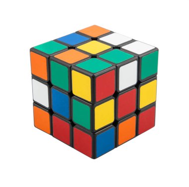 KRAGUJEVAC, SERBIA - 14 Ocak 2014: Beyaz arkaplanda Rubik küpü. Rubik Küpü, 1974 yılında Macar mimar Erno Rubik tarafından icat edildi..