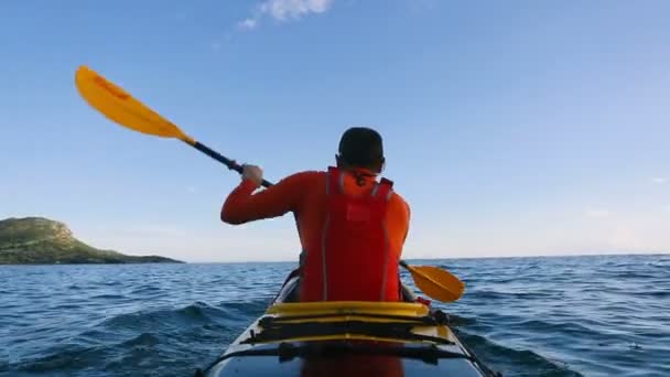 Rear View Man Paddling Sea Kayak — Stock Video