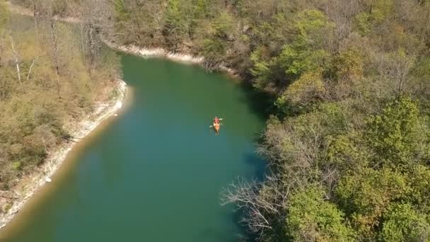 Aerial View Canoeists Enjoy Paddling Lake Forest — Stock Video