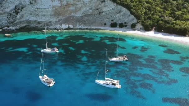 Vier Segelboote Der Bucht Festgemacht — Stockvideo