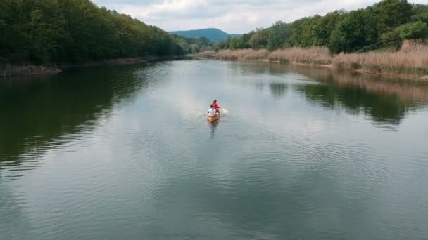 Flygfoto Par Paddling Träkanot Man Och Kvinna Paddlar Sjön Flygfoto — Stockvideo