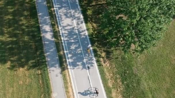 森の中で自転車に乗るサイクリストの空中ビュー — ストック動画