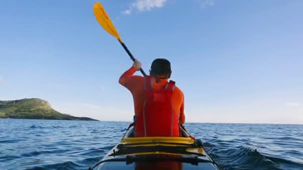 Rear View Man Paddling Touring Kayak Kayaking Canoeing Paddling Sea — Stock Video