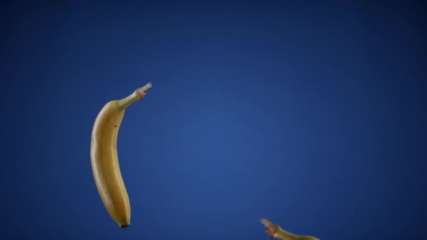 Bananas frescas jogadas para cima voando penduradas no ar e caindo com e sem a casca — Vídeo de Stock