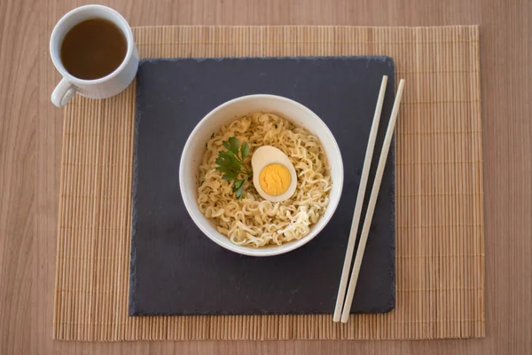 Noodles Hard Boiled Egg Bowl Chopsticks — Stock Photo, Image
