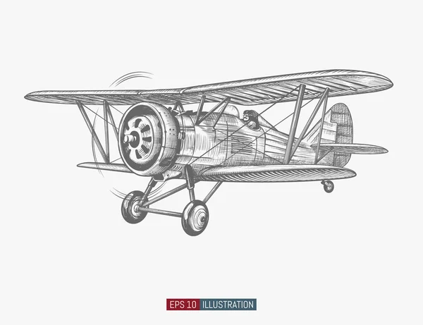 Avion Rétro Dessiné Main Biplan Vintage Réaliste Isolé Illustration Vectorielle — Image vectorielle