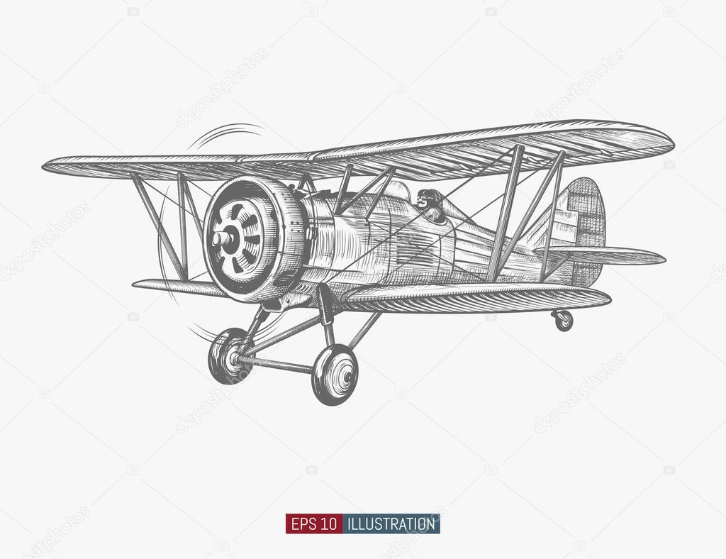 Hand drawn retro airplane. Realistic vintage biplane isolated. Engraved style vector illustration. Template for your design works.