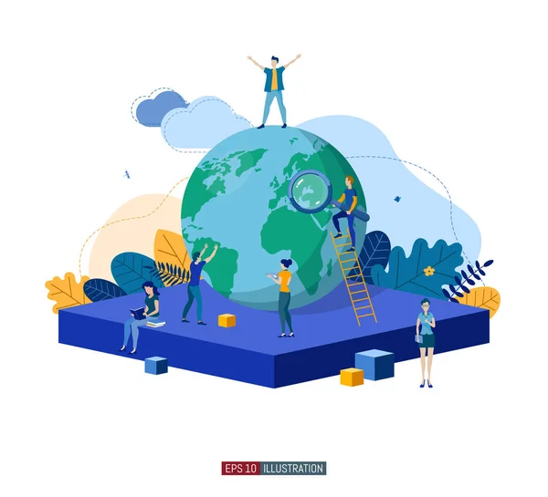 Trendy Platte Illustratie Teamwork Metafoor Concept Globalisering Leren Onderwijs Kennis — Stockvector