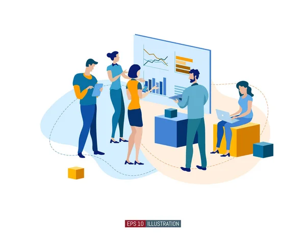 Moda düz çizim. İş planlama, iş stratejisi ve fikir alışverişinde bulunan ofis çalışanları. Tasarımınız için şablon. Vektör grafikleri.
