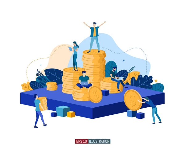 Moda düz çizim. Finansal başarıyı resmetme kavramı. Takım çalışması. Rekabet. İş için. Bankacılık. Kitle fonlaması. Başla. Tasarımının şablonu işe yarıyor. Vektör grafikleri.