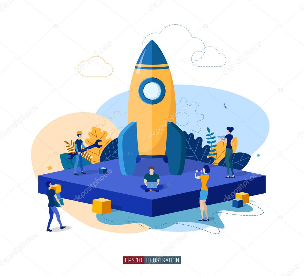 Trendy flat illustration. Business startup concept. ooperation of people who implement the joint idea. Rocket launch preparation. Template for your design works. Vector graphics.