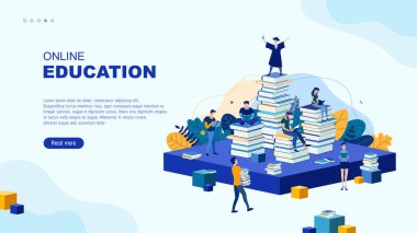 Moda düz çizim. Çevrimiçi eğitim sayfası kavramı. İnsanlar kitap okuyup işbirliği yapıyorlar. Öğreniyorum. Eğitim. - Bilgi. yaşlılık mezunu. Tasarımının şablonu işe yarıyor. Vektör grafikleri.