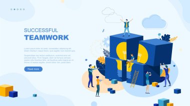 Moda düz çizim. Başarılı takım çalışması sayfası konsepti. İş planlama, iş stratejisi ve fikir alışverişinde bulunan ofis çalışanları. Tasarımınız için şablon. Vektör grafikleri.