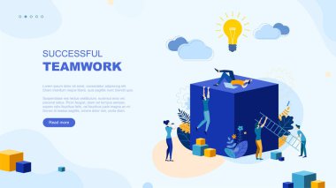 Moda düz çizim. Başarılı takım çalışması sayfası konsepti. İş planlama, iş stratejisi ve fikir alışverişinde bulunan ofis çalışanları. Tasarımınız için şablon. Vektör grafikleri.