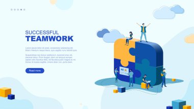 Moda düz çizim. Başarılı takım çalışması sayfası konsepti. İş planlama, iş stratejisi ve fikir alışverişinde bulunan ofis çalışanları. Tasarımınız için şablon. Vektör grafikleri.